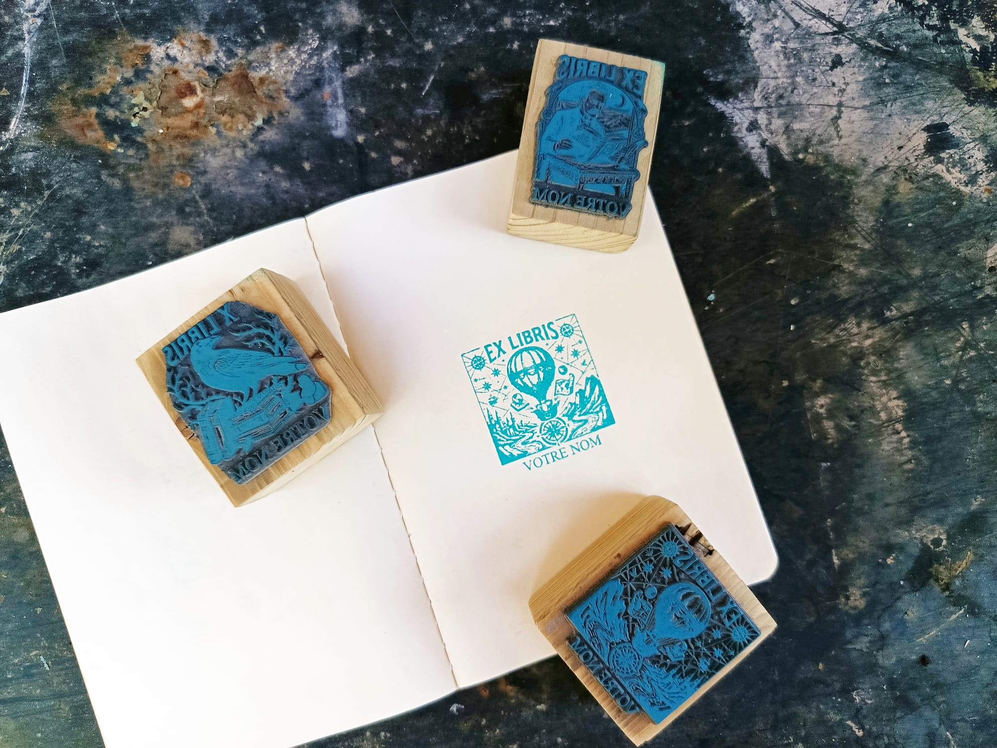 tampons en caoutchouc Ex Libris monté sur bloc bois