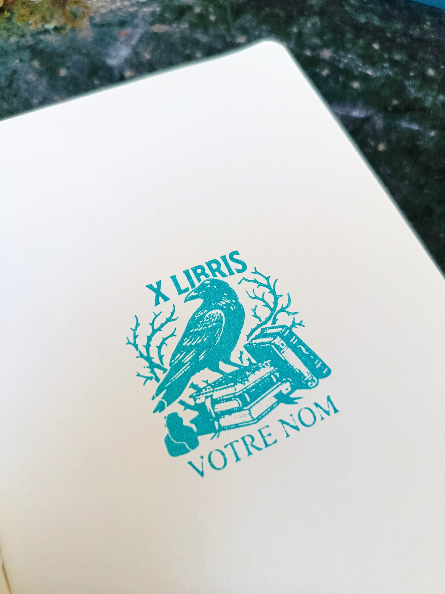 Tampon encre Ex Libris corbeau, impression papier